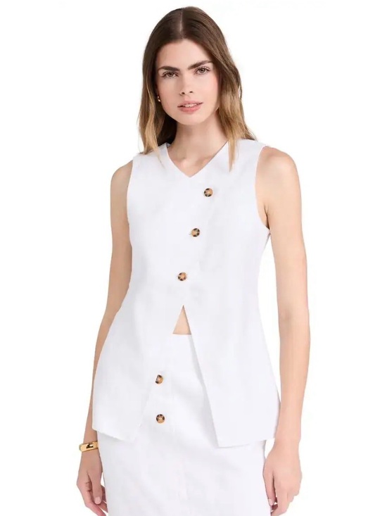 Posse Tops - POSSE Gigi Gilet White Linen Asymmetric Long Vest Size Small